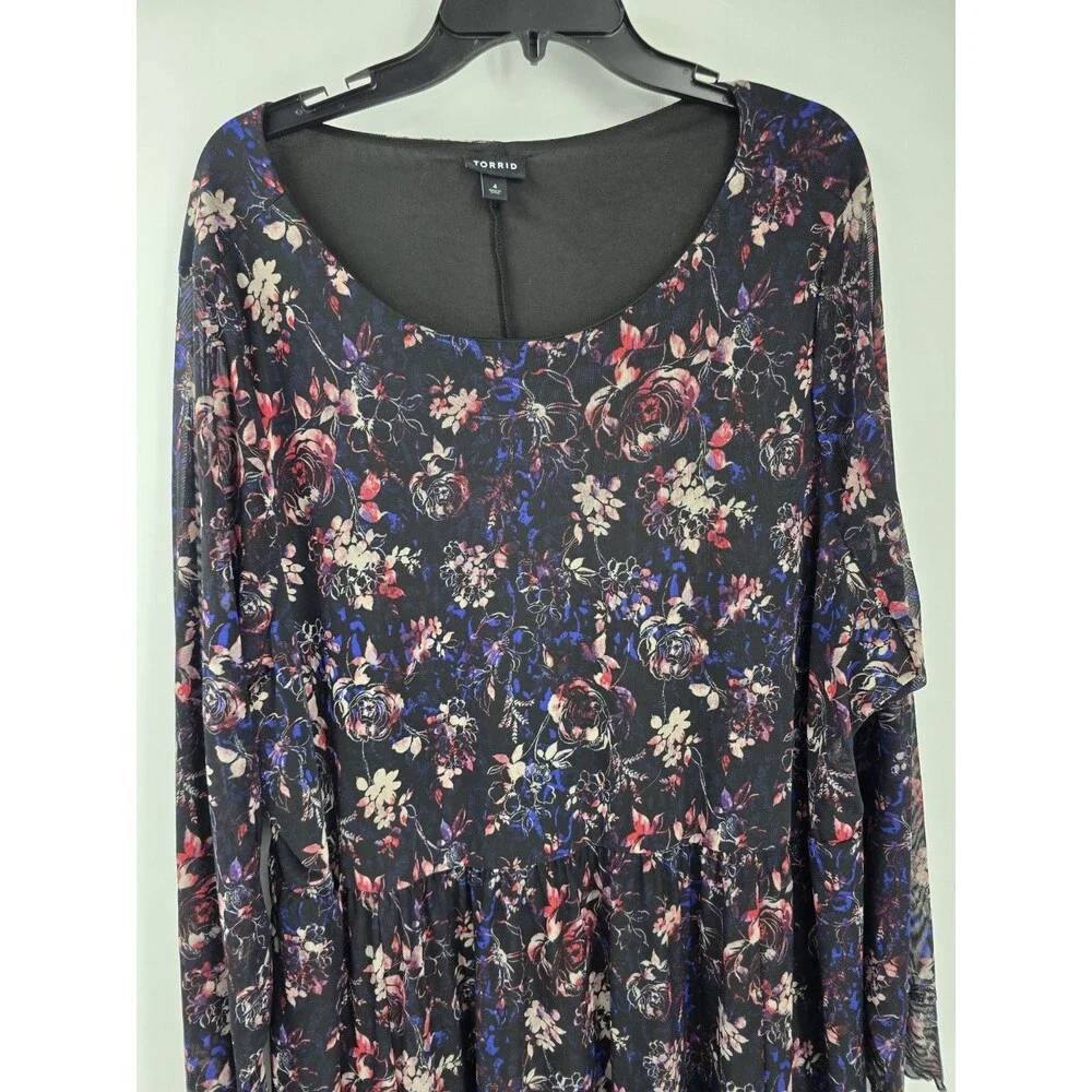 Torrid Plus Size Ruffled Mini Dress Mesh Dark Floral Black Skater Babydoll Dress